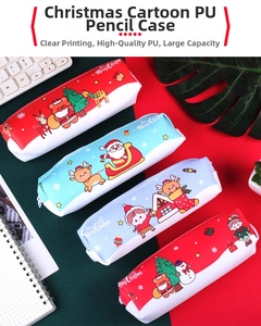 Detail of Christmas PU leather pencil cases with festive Santa and reindeer digital prints