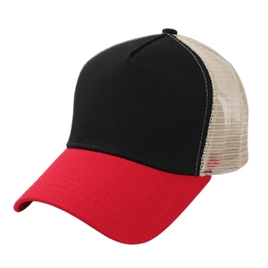 Detail view of two-tone mesh trucker hat with red brim and black front panel