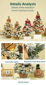 Detailed views of a mini flocked Christmas tree with warm lights and burlap base