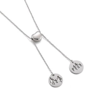 Minimalist silver heart steel necklace featuring family silhouette circular pendants