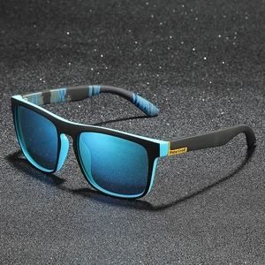 Polarized sports sunglasses with blue mirrored lenses on a textured dark background