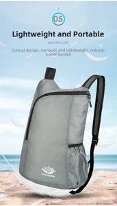 Macro view of lightweight grey foldable hiking backpack with breathable mesh straps