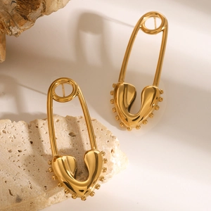 Gold stainless steel safety pin earrings with heart design on natural stone base