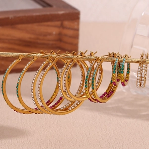 Chic 18K gold plated stainless steel hoop earrings with colorful inlaid crystals