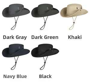 Detail showing five colors of quick-dry sun hats with air vents and adjustable chin straps