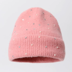 Bonnet en tricot rose avec perles et strass, chapeau d'hiver chaud avec bord à revers