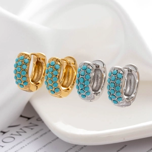 Elegant gold and silver stainless steel hoop earrings inlaid with blue turquoise beads