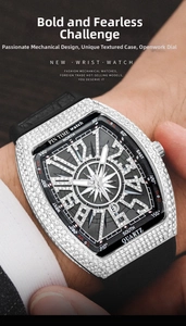 Close-up of luxury tonneau-shaped watch with diamond-set bezel and hollow skeleton dial
