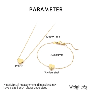 Spécifications détaillées du parure cœur en acier inoxydable doré avec dimensions