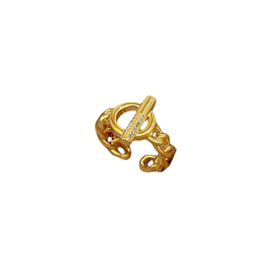 Minimalist gold chain ring with sparkling OT buckle toggle and micro-set cubic zirconia