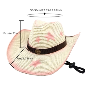 Western straw cowboy hat with pink stars and adjustable leather strap 56-58cm