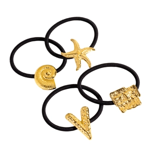 4-piece set of black elastic hair ties with gold starfish shell and geometric metal charms