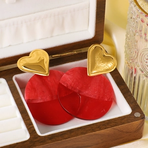 Heart Drop Earrings Stainless Steel 18K Gold Plated Red Resin Round Pendant Retro Exaggerated Statement Women Jewelry