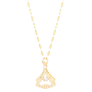 Detail of fan-shaped pendant with white zircons and hollow gold chain links
