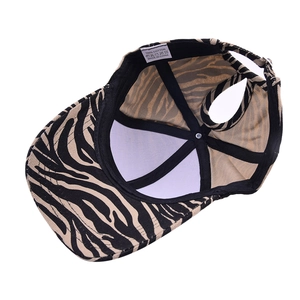 Zebra print cotton ponytail baseball cap with wide brim and adjustable hole for women