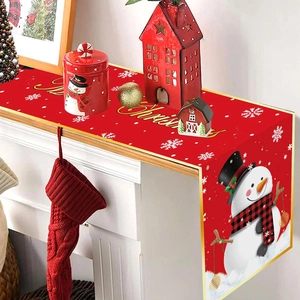 Christmas Table Runner Red Polyester Snowman Snowflake Pattern Merry Christmas Holiday Party Dining Decor