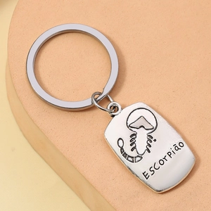 Detailed macro view of an antique silver Scorpio zodiac keychain with scorpion engraving