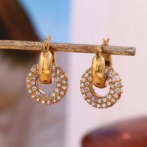 Polished 18K gold-plated hoop earrings with micro-inlaid rhinestones on a metal rod
