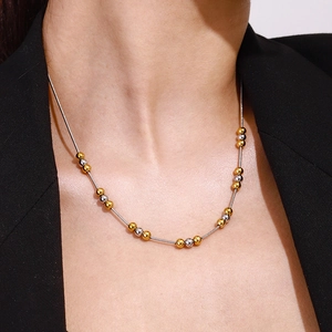 Stainless Steel Necklace Two Tone Gold Silver Round Bead Chain Minimalist Waterproof Hypoallergenic Jewelry For Women