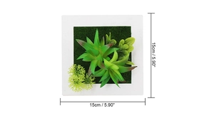 Detailed view of a 15x15cm white frame with realistic green artificial succulents