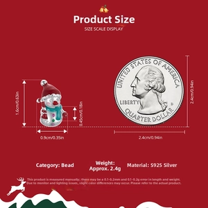 Detailed size comparison of S925 silver snowman charm next to a quarter coin