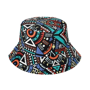 Double-sided reversible bucket hat with colorful tribal geometric patterns for men and women