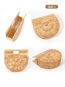 Detailed views of a large semi-circular handmade bamboo woven handbag in natural wood finish