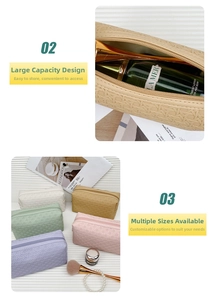 Macro detail of woven texture vanity bags in various pastel colors with zipper closure