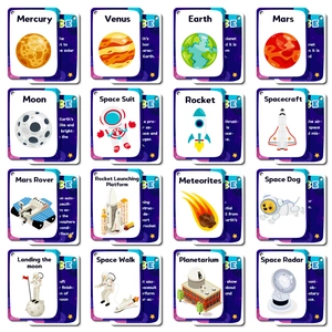 Educational space flashcards featuring planets and rocket illustrations for kids' learning
