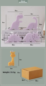 Detailed size guide for dinosaur scented candles and giraffe animal candles and packaging