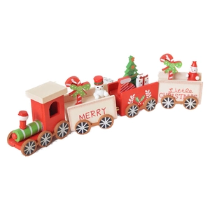 Wooden Christmas train ornament with snowman and tree figures in festive red and green