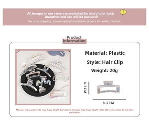 Detailed view of iridescent laser hair claw clips with dimensions and material specs