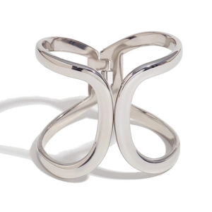 Polished silver geometric open cuff bracelet in stainless steel with wide cutout design