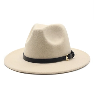 Classic cream wool fedora hat with black leather belt and gold buckle for men and women