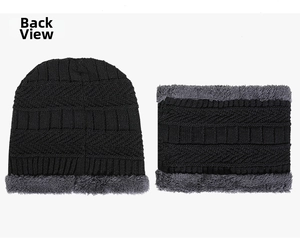 Back view of black knitted hat and neck warmer set with warm grey plush lining