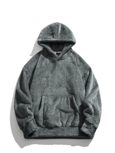 Felpa con cappuccio grigio scuro in pile sherpa con tasca a marsupio e tessuto soffice