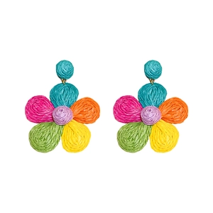 Colorful woven raffia flower earrings in vibrant summer style with bohemian floral design