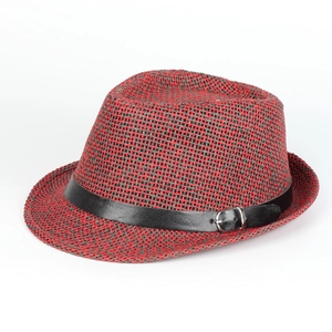 Detailed view of bicolor woven straw Panama hat with black leather band and metal buckle