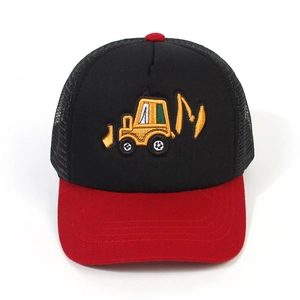 Close-up of yellow excavator embroidery on breathable mesh kids baseball cap