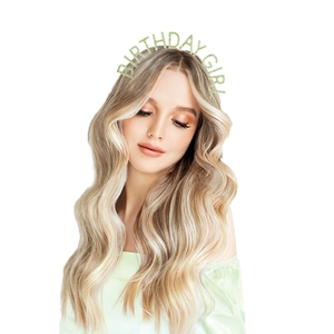 Light green rhinestone Birthday Girl headband on a model for party celebrations