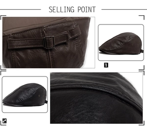 Detail view of PU leather berets featuring adjustable metal buckles and side ventilation holes