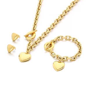 Golden stainless steel jewelry set with heart pendants and toggle clasp chain