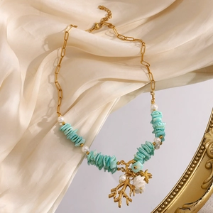 18K gold plated paperclip necklace with coral pendant, turquoise stones and pearls
