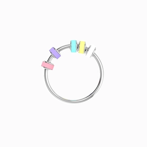 Detail of silver stainless steel anxiety ring with five colorful rotating enamel beads