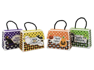 Set of four colorful Halloween gift bags with witch, ghost, and pumpkin designs