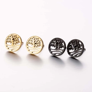 Minimalist Tree of Life stud earrings in gold and black stainless steel finish