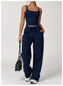 Ensemble débardeur de yoga bleu foncé cintré et pantalon de sport large à cordon