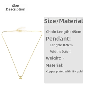 Size chart for 18K gold plated letter A necklace showing chain length and pendant dimensions