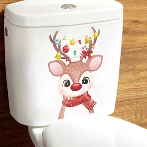 Cartoon reindeer Christmas toilet sticker with red scarf and lights on white tank