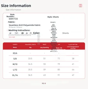 Size guide for high-waist yoga shorts showing measurements and fabric specifications
